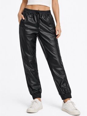 Anthropologie Faux Leather Jogger Pants Black Elastic Waist Tapered Athleisure